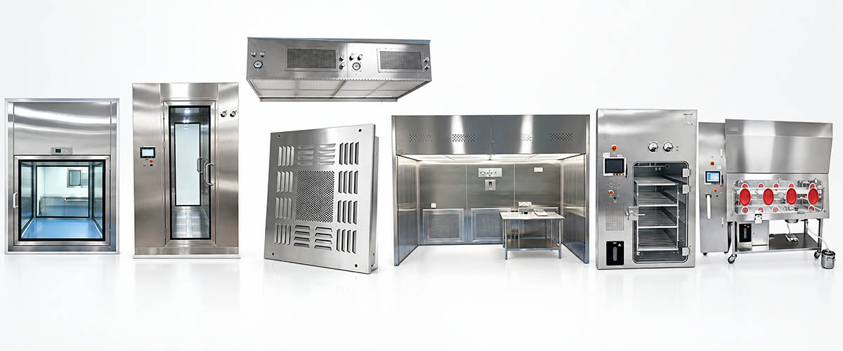 Core pharmaceutical cleanroom equipment including FFU HEPA terminal box pass box air shower laminar flow hood dispensing booth VHP pass box and isolator
