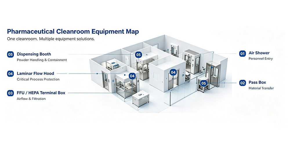 Pharmaceutical cleanroom equipment layout with air shower pass box FFU and laminar flow hood